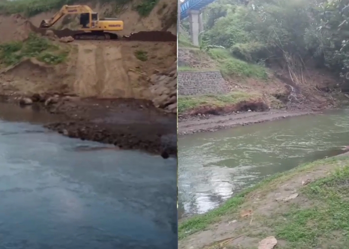 PELANGGARAN : Kondisi pembangunan konstruksi yang diduga mempersempit badan sungai Petanu di Sukawati, Gianyar.
