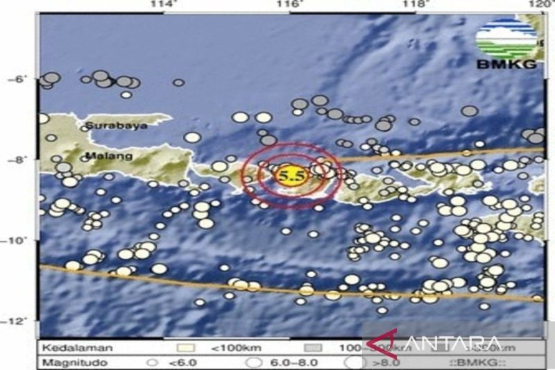 BMKG mencatat gempa bumi magnitudo 5,5 terjadi di Sumbawa, NTB terasa di  Bali, Selasa , 14 Mei 2024.