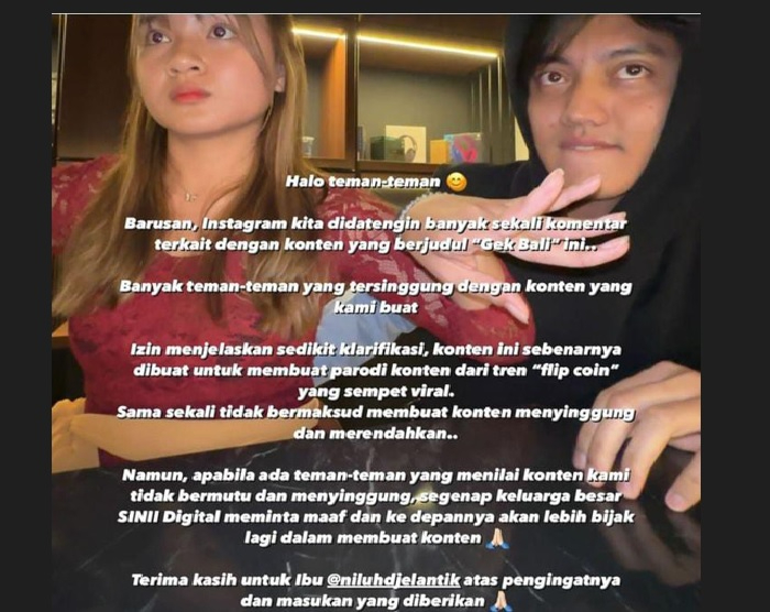Kreator SINII Digital Akhirnya Minta Maaf terkait konten Gek Bali yang viral