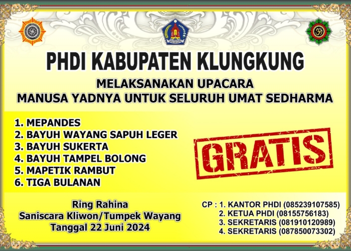 Famplet Upacara Manusa Yadnya Massal Gratis yang digelar PHDI Klungkung.