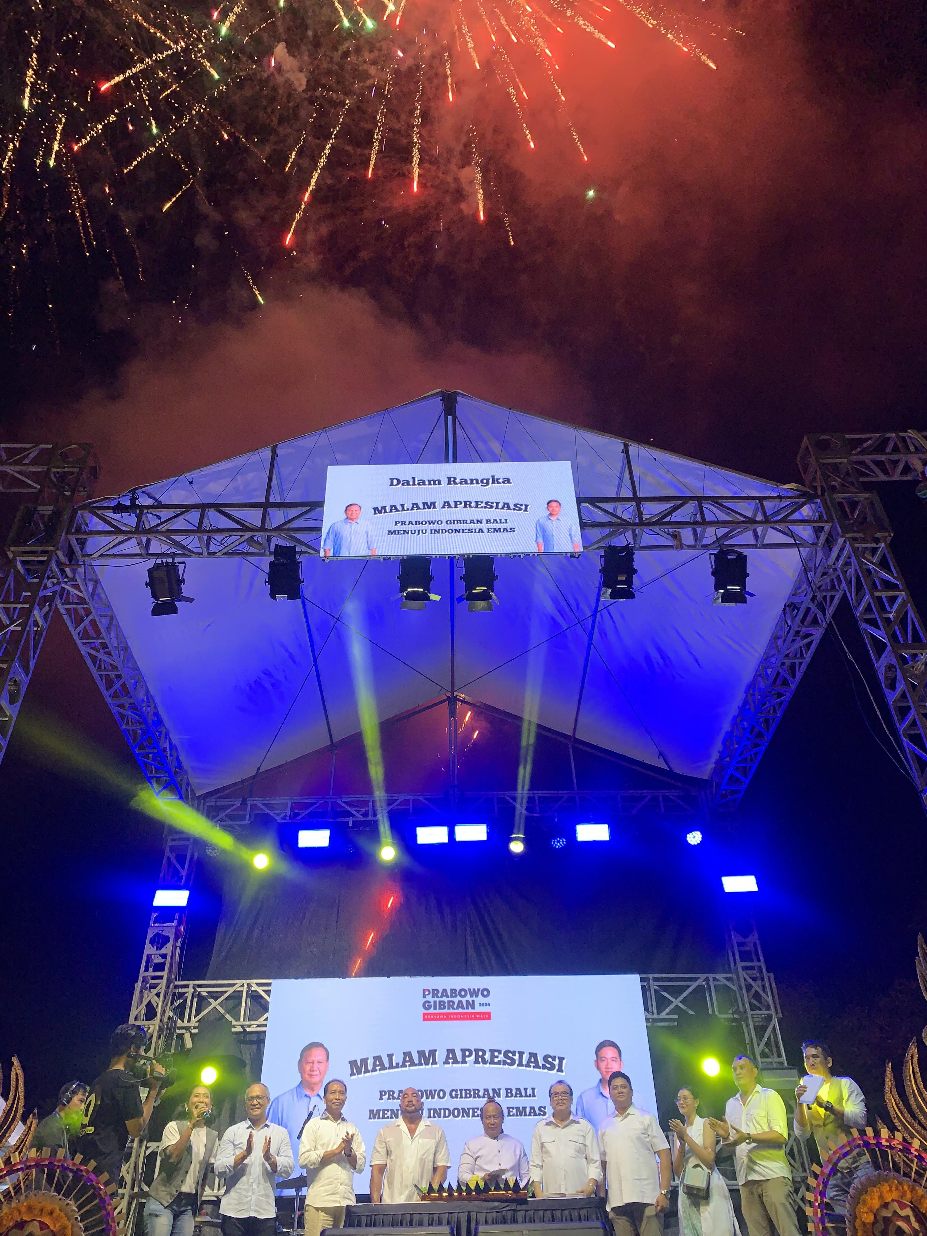 MALAM APRESIASI: Acara malam apresiasi Prabowo-Gibran Bali di Denpasar, Sabtu (1/6). Terungkap duet Mantra-Mulia dipanggil Prabowo, tapi Jokowi minta ini.