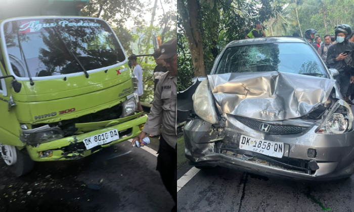 Mobil Honda Jazz dan truk yang bertabrakan di Jalan Muncan-Rendang, Karangasem dan tewaskan I Made Nido Linggih