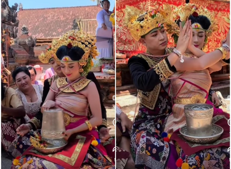 Sepasang pengantin menjalani tradisi Metepak Sangku