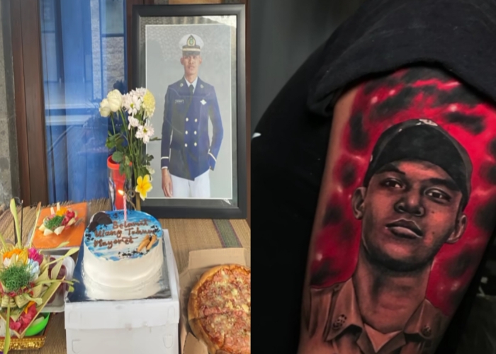 NUNAA BAOS : (kiri) Keluarga membuatkan sodaan dan membelikan kue saat hari lahir almarhum Rio. (Kanan) tatto wajah almarhum Rio di lengan kiri sang ayah.