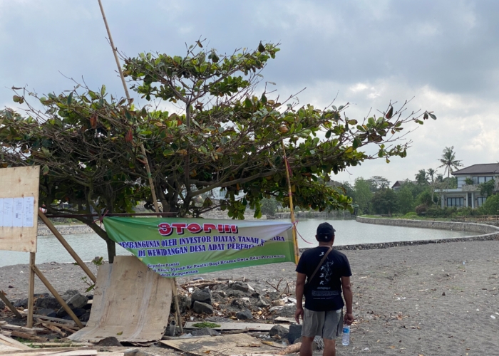 DITOLAK: Pembangunan di muara sungai Surungan, Pantai Lima, Desa Pererenan, Mengwi yang ditolak warga setempat.