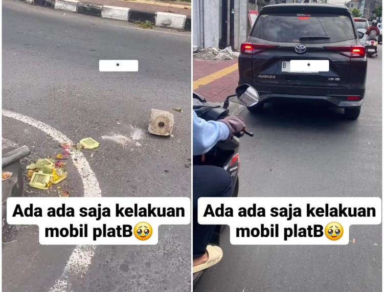 Sebuah mobil terlihat melanggar lalu lintas hingga merusak sarana sembahyang bikin warganet kesal