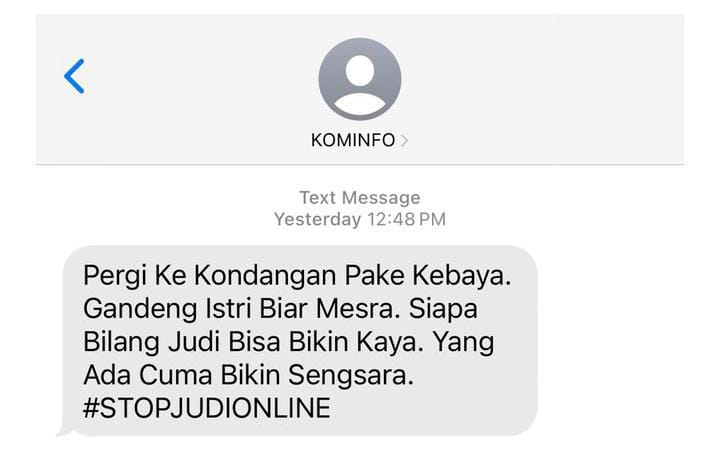 Beredar SMS Blast dari Kominfo yang berisi pesan berantas judi online