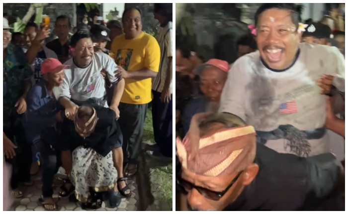I Ketut Tirta membayar kaul atau janji suci menggendong I Gede Winasa yang keluar dari penjara.