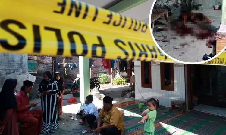 DI-POLICE LINE: Petugas memasang police line di depan rumah korban, tempat korban dihabisi. Inset jenazah korban saat pertama kali ditemukan. (Mokhamad Zubaidillah/ Radar Bromo)