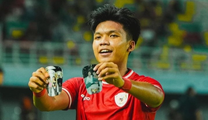 Selebrasi Kadek Arel Priyatna usai menjebol gawang Filipina U, Rabu (17/7/2024).