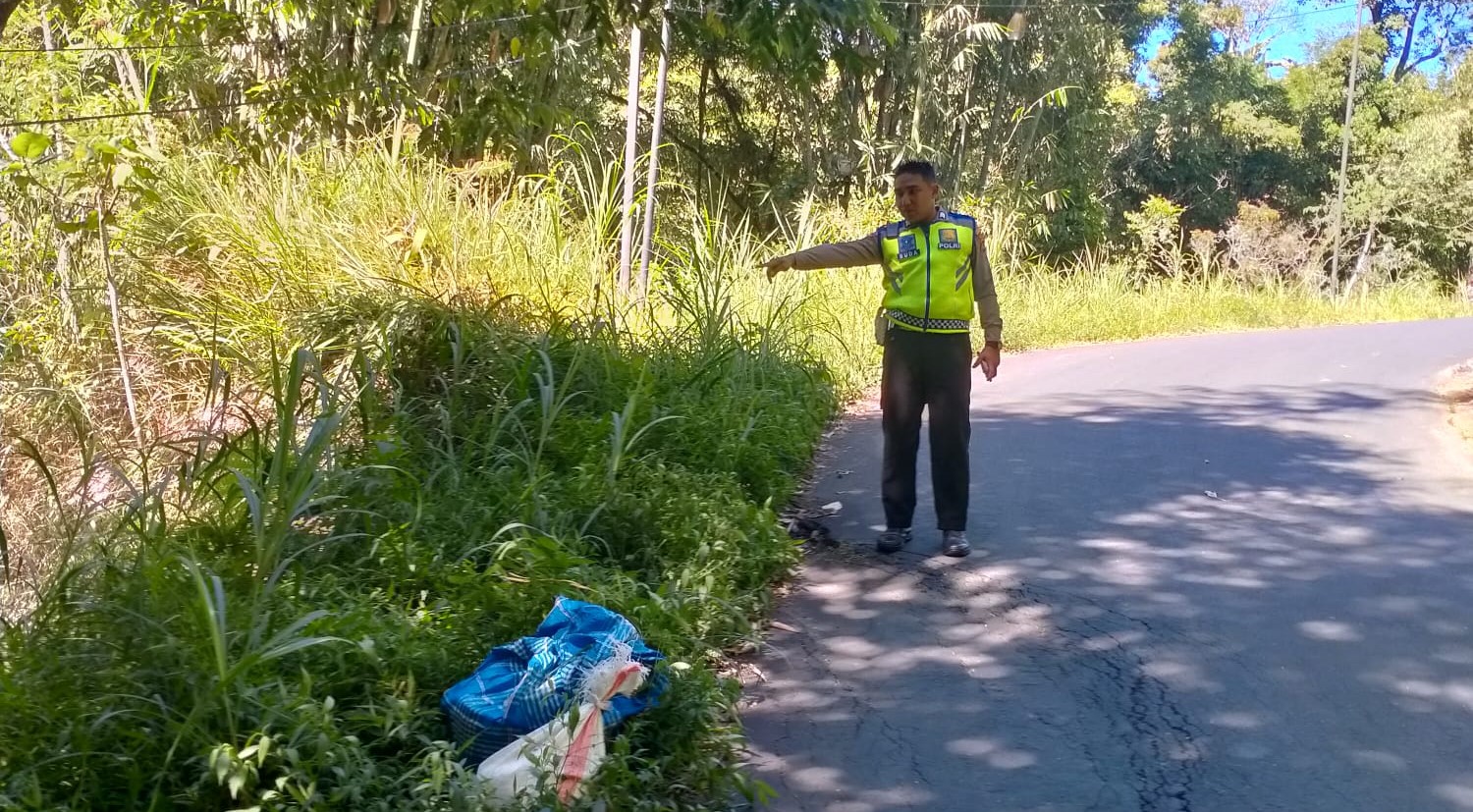 Polisi menunjukkan lokasi kecelakaan di Desa Manikliyu, Kintamani yang mengakibatkan pedadang beranam Budiarini meninggal dunia, Rabu (17/7/2024).