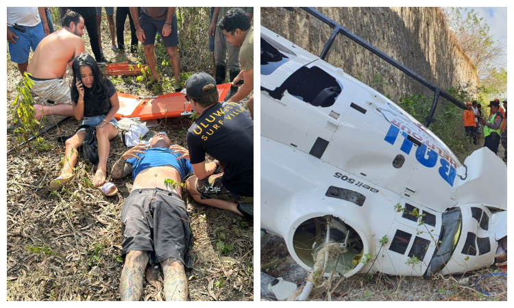 Helikopter terjatuh di tebing Pantai Suluban, Pecatu, Bali. Diduga karena terlilit layangan.