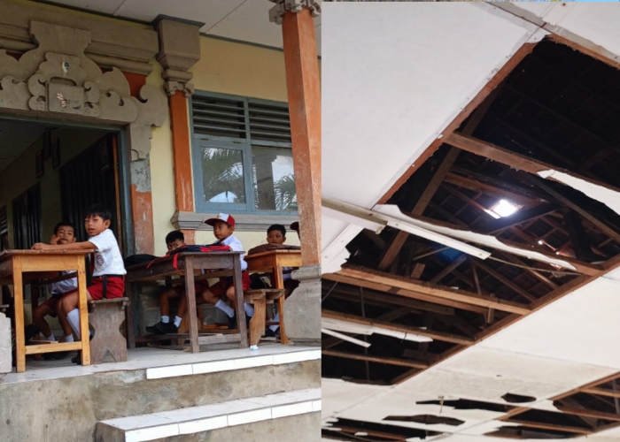 MIRIS : Siswa SDN 2 Batumadeg yang belajar di luar ruang kelas karena plafon jebol.