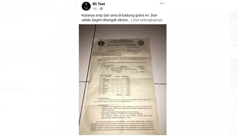 Akun Facebook @Bli Toet menjadi sorotan usai mengunggah rincian pembiayaan pengadaan seragam dan buku di SMP N 1 Kuta Selatan