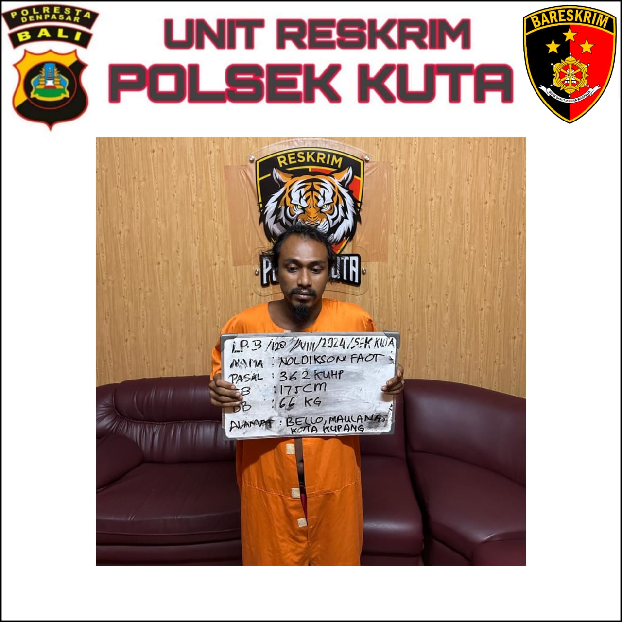 DIBEKUK: Noldikson kini harus mempertanggungjawabkan perbuatannya di mata hukum akibat mencuri tas pedagang di Kuta.