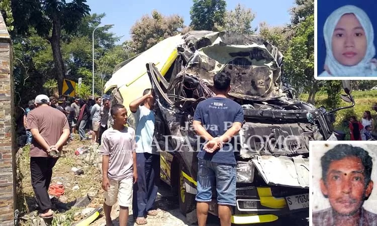 NAHAS: Kondisi Elf yang ringsek parah usai hilang kendali di jalan wisata Bromo Desa Ngepung, Sukapura, Probolinggo. (Doni/ Radar Bromo)