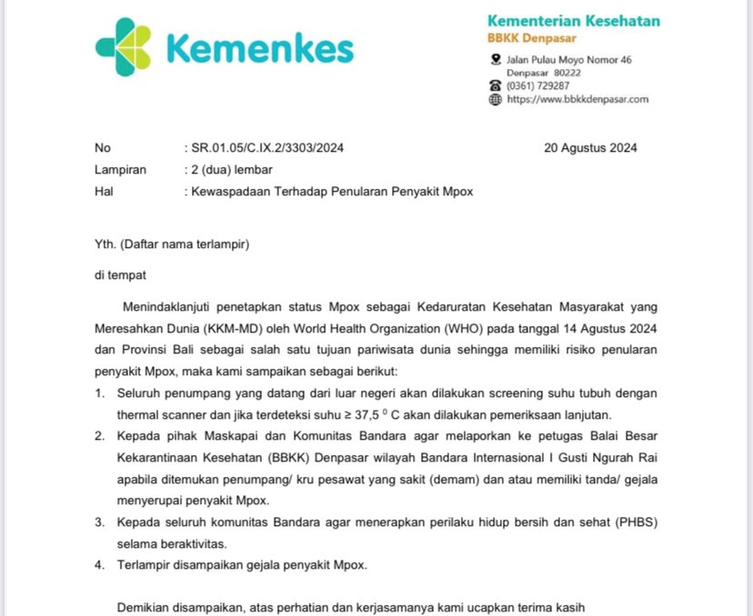 SURAT PERINGATAN:&nbsp;Surat Edaran (SE) tentang Kewaspadaan terhadap Penularan Penyakit Mpox