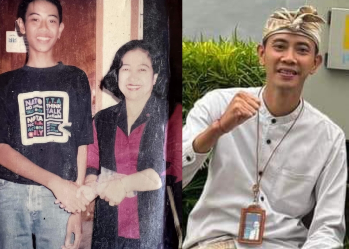 (Kiri) Tjokorda Gde Surya Putra saat kecil bersama Ketua Umum PDIP. (Kanan) Tjolorda Gde Surya Putra saat ini.
