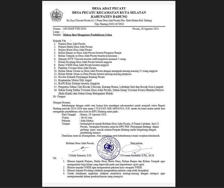 Surat Desa Adat Pecatu untuk ikut mengantarkan I Wayan Adi Arnawa mendaftarkan diri ke KPU Badung.