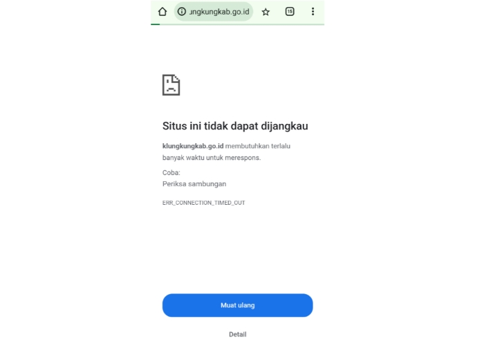Website resmi Pemkab Klungkung yang tidak bisa diakses sejak Kamis pagi.