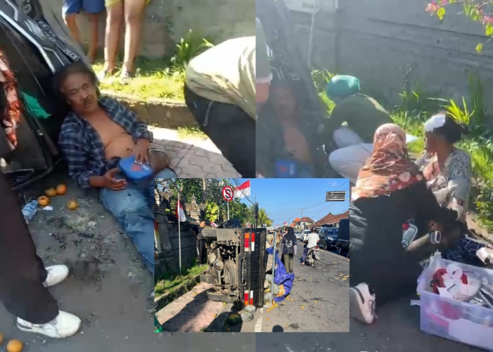 LAKA : Kondisi pengemudi Pikap dan penumpangnya pasca kecelakaan. Insert : Kondisi kendaraan Pikap yang terguling.