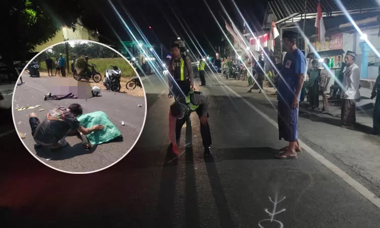OLAH TKP: Personel Satlantas Polres Pasuruan di lokasi kecelakaan yang melibatkan pemotor dan pejalan kaki, Sabtu (31/9) malam. Inset, kecelakaan di Grati. (Polres Pasuruan for Jawa Pos Radar Bromo)