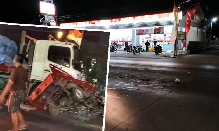 NAHAS: Lokasi kecelakaan maut tempat motor roda tiga tertabrak truk di Gending, Probolinggo. Inset kondisi truk saat terlibat tabrakan dengan motor roda tiga.