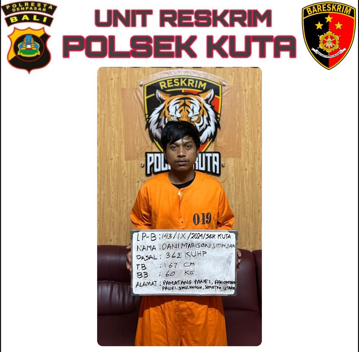 DIRINGKUS: Dani, pria asal Sumatera Utara ini diringkus Polsek Kuta karena mencuri uang di minimarket dan tereklam CCTV.