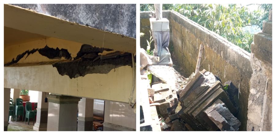 Gempa bumi merusak bangunan bertingkat (kiri) dan tembok Pura Hyang Ukir, Bangli.