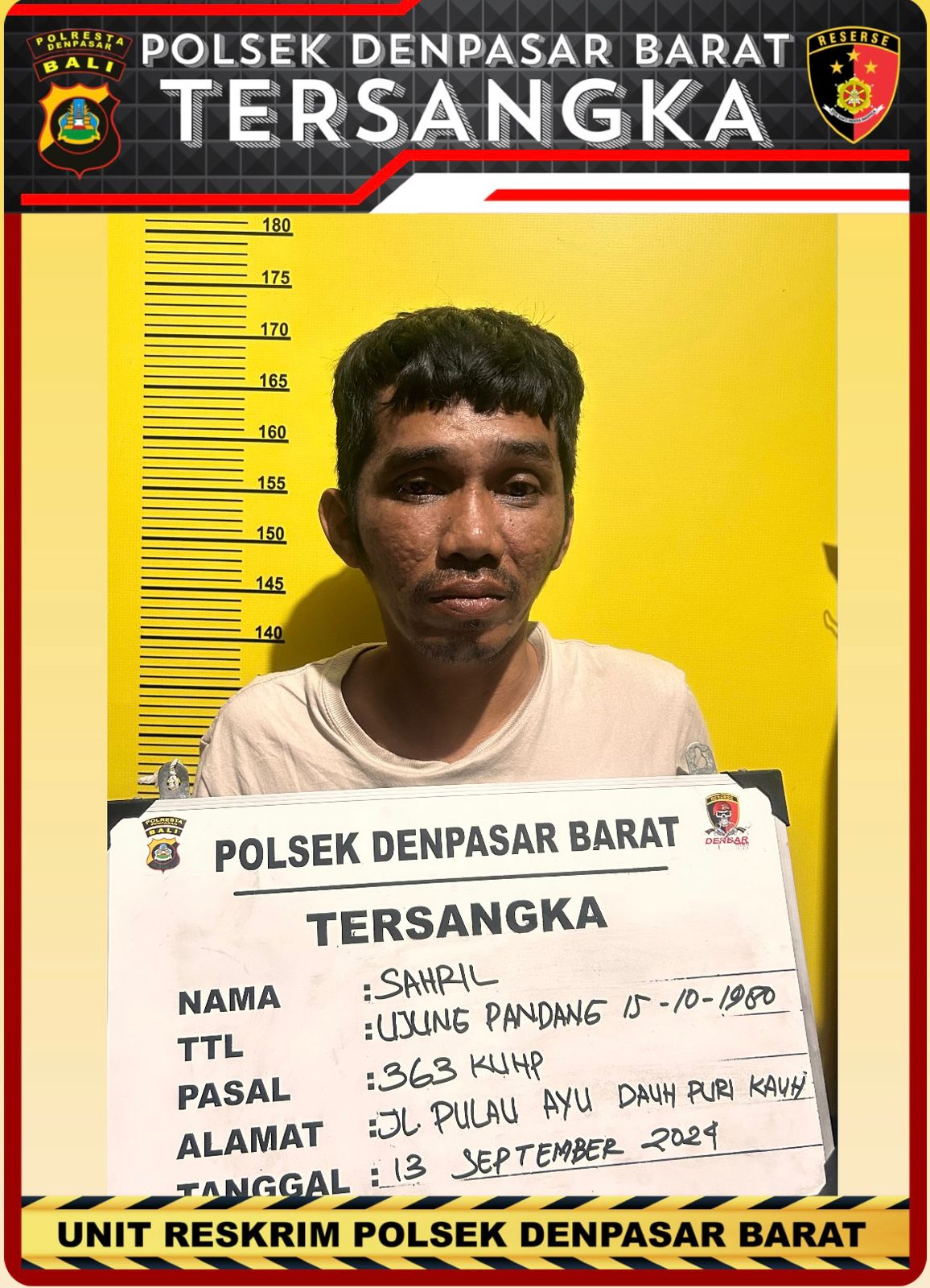 Dibekuk: Maling asal Ujung Pandang, Makassar, bernama Sahril diamankan oleh Polsek Denpasar Barat. (Humas Polresta Denpasar)