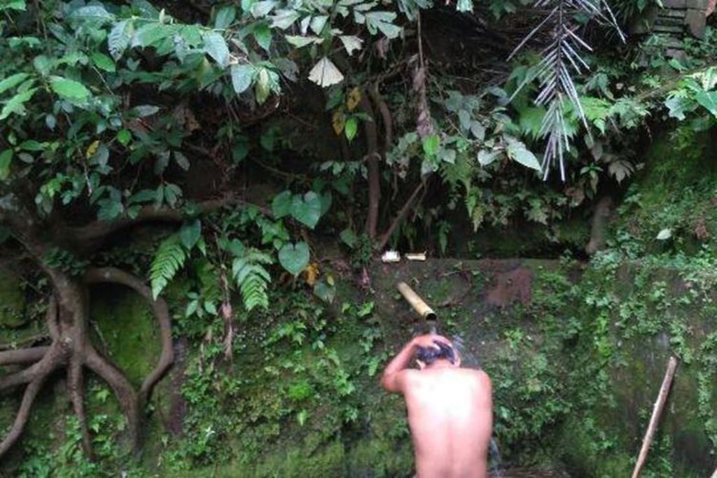 Melukat di Pancuran Beji Taman Sari, Banjar Muluk Babi, Desa Sangeh, Kecamatan Abiansemal, Badung, Bali