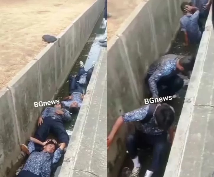 Pelajar SMP dihukum tiduran di selokan oleh petugas keamanan. (Foto: Screenshots IG @memomedsos)