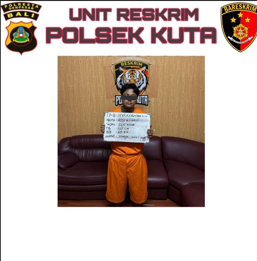 Remaja pengangguran asal Jember, Rosi Alfarisi yang nekat menjadi begal di Kuta, kini berurusan dengan proses hukum. (Bali Express/Humas Polresta Denpasar)