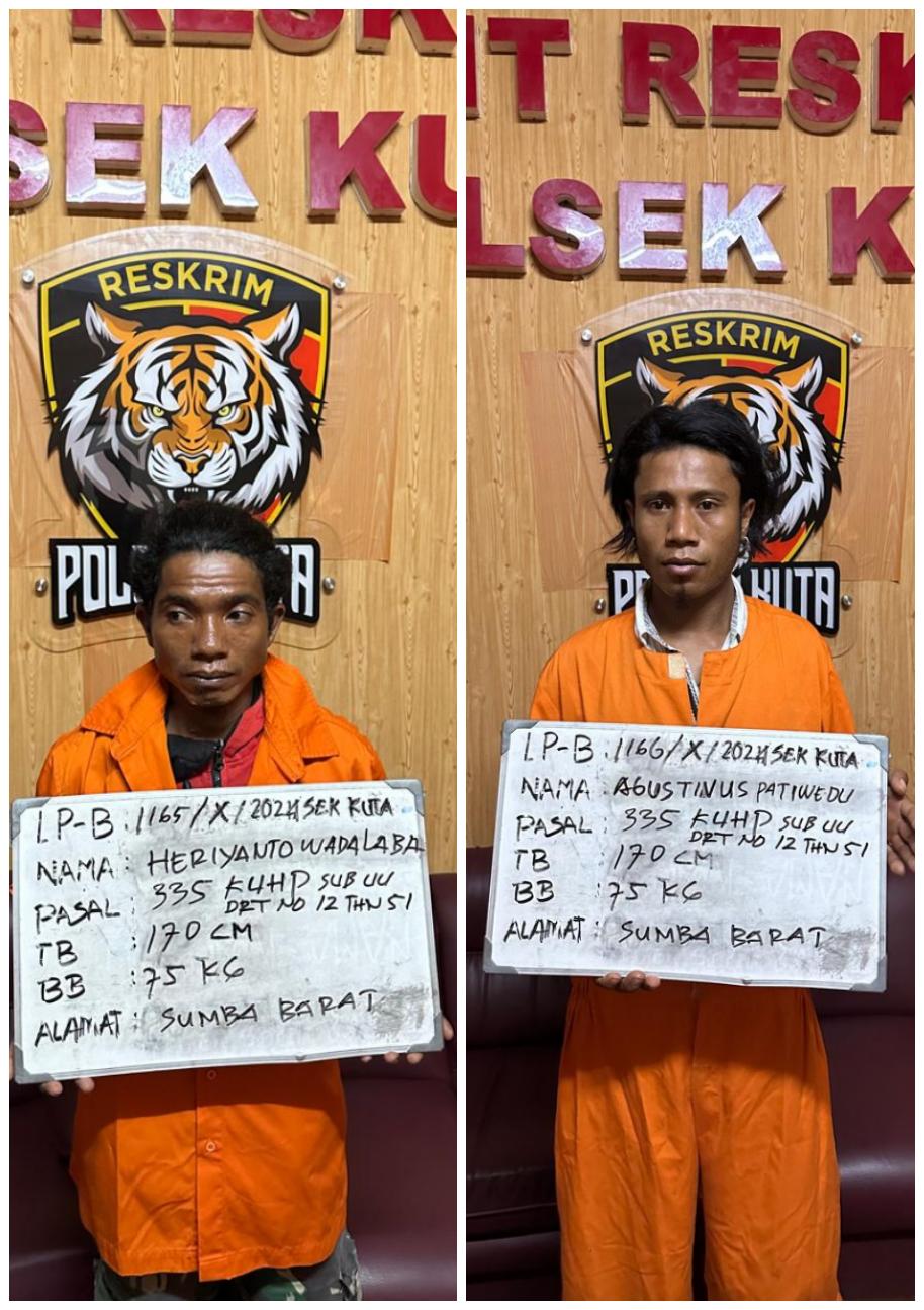 Dua pria Sumba Barat yang nyaris terlibat duel berdarah, Heriyanto dan Agustinus kini hadapi proses hukum. (Bali Express/Humas Polresta Denpasar)