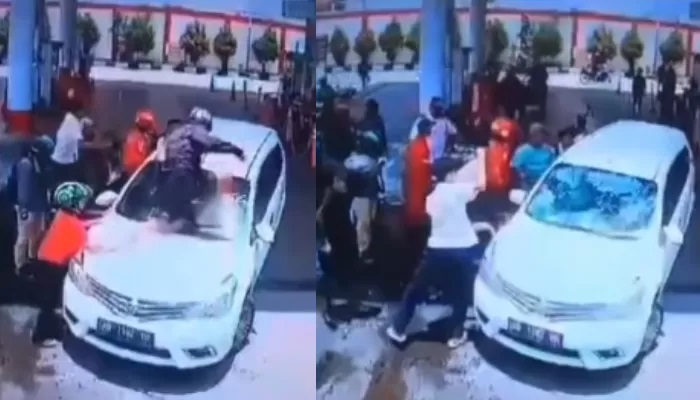 Tangkapan layar video viral mobil Livina yang diamuk massa karena melarikan diri usai menabrak orang di Solo hingga Sukoharjo, Senin (14/10).