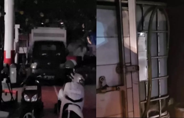 Petugas salah satu SPBU di Denpasar, melayani pembelian BBM subsidi pemerintah menggunakan Tandon Air yang ada di dalam mobil boks, Rabu malam 16 Oktober 2024. (Istimewa.)
