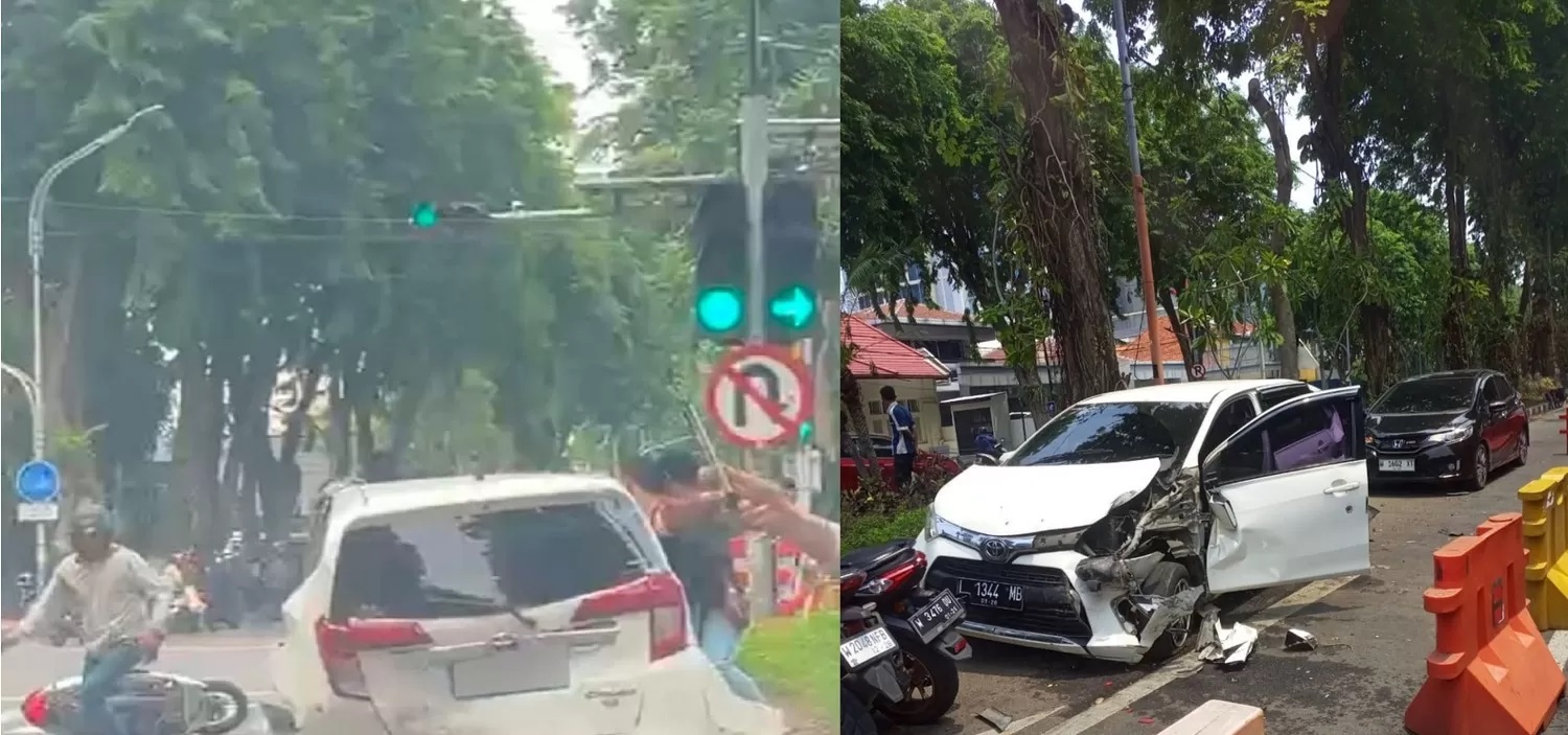 RINGSEK: Mobil yang ringsek diduga dikemudikan residivis curanmor, ditabrak anggota gabungan yang mengejarnya bersama korban. (ISTIMEWA)