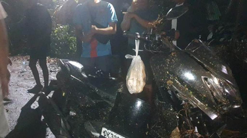Sepeda motor yang tertimpa pohon tumbang di Ubud, Bali