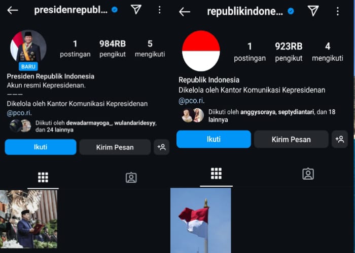 Tangkapan layar akun Instagram resmi Presiden RI Prabowo Subianto dan Republik Indonesia.