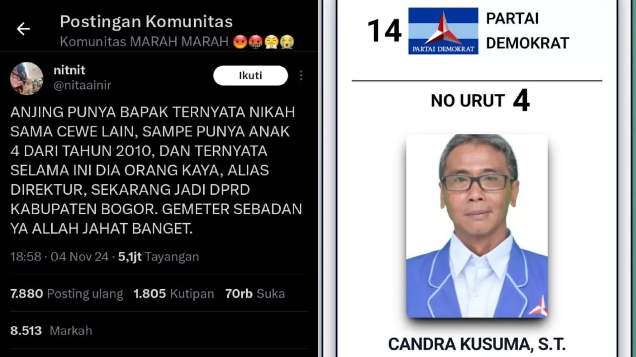 TERBONGKAR: Cuitan sang anak di X (foto kiri) dan foto anggota DPRD Kabupaten Bogor, Candra Kusuma, yang diduga selingkuh selama 14 tahun. (Sumber gambar: x.com/nitaainir/status)