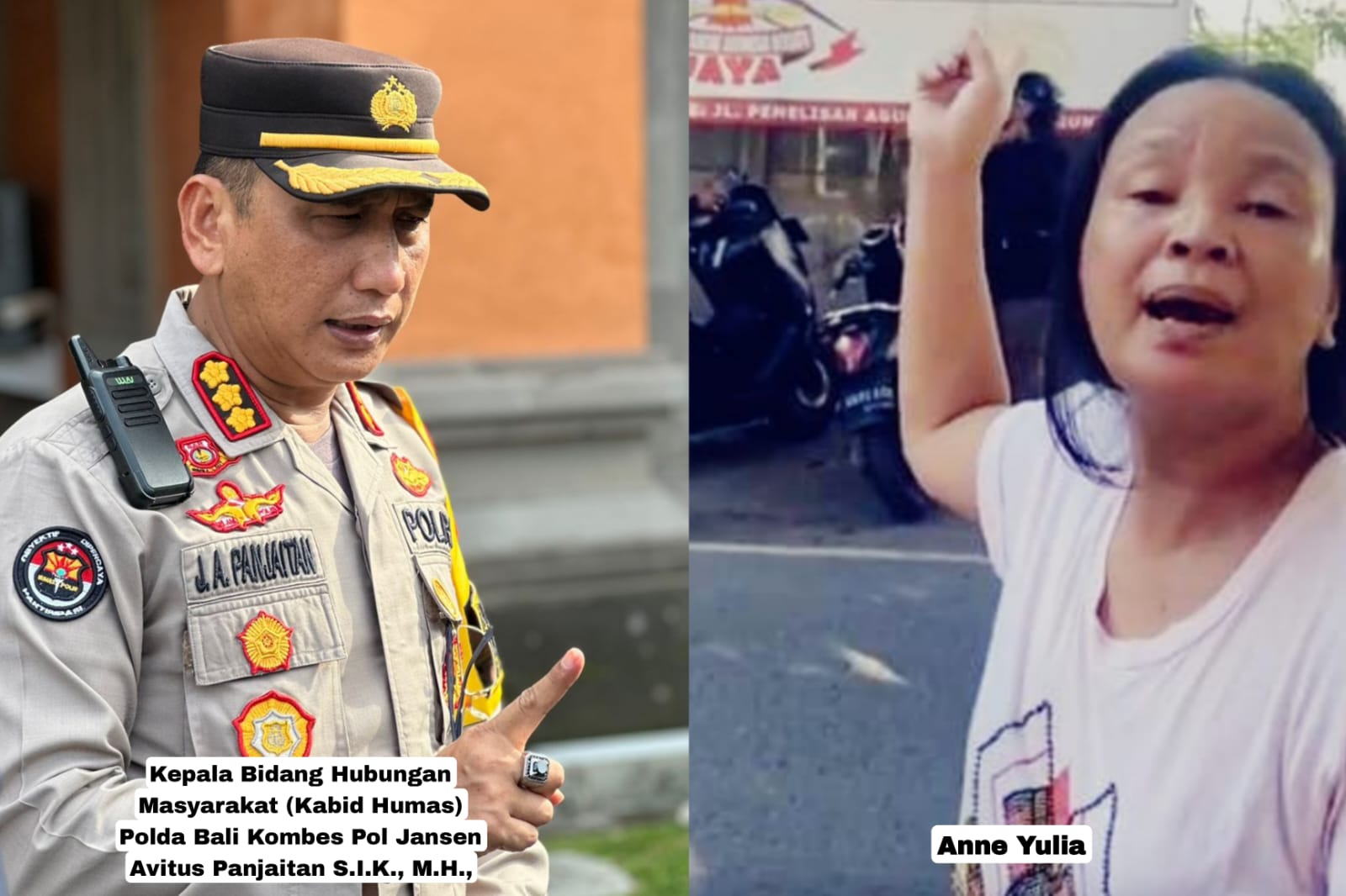 Kabid Humas Polda Bali Kombespol Jansen Avitus Panjaitan (kiri) menjelaskan terkait video viral Anne Yulia (kanan) mengaku disekap. (Bali Express/Istimewa)