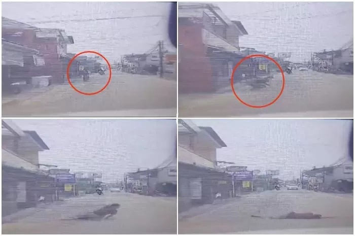 Detik-detik seseorang diduga pura-pura tertabrak. Tampak seseorang diberi tanda lingkaran merah berdiri lalu terkapar saat sebuah mobil melintas. (Tangkapan layar video Istimewa)