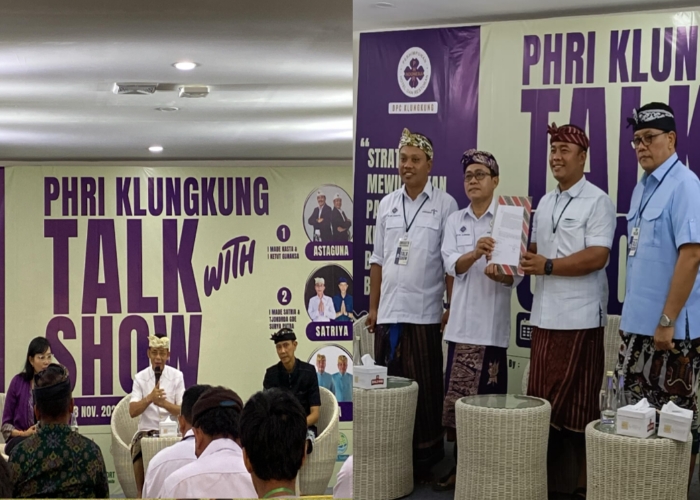 ADU STRATEGI : Paket Satriya dan Jaya saat menghadiri Talkshow yang digelar PHRI Klungkung, Senin (18/11/2024).