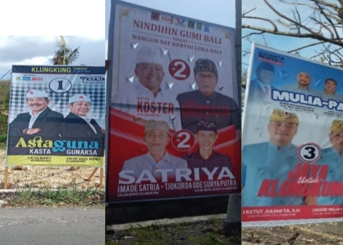 MELANGGAR : Sejumlah baliho paslon yang melanggar di kawasan Kecamatan Nusa Penida.
