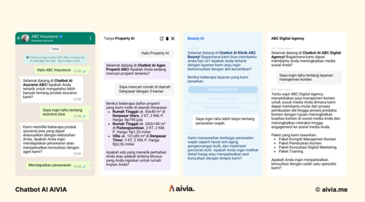 Contoh Integrasi Chatbot AI AIVIA pada berbagai platform termasuk Website, Aplikasi, dan WhatsApp Business