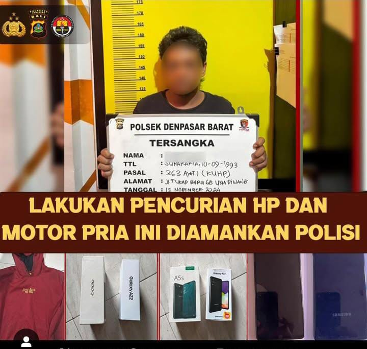 Pria berinisial SA diamankan  Polsek Denpasar Barat usai mencuri HP