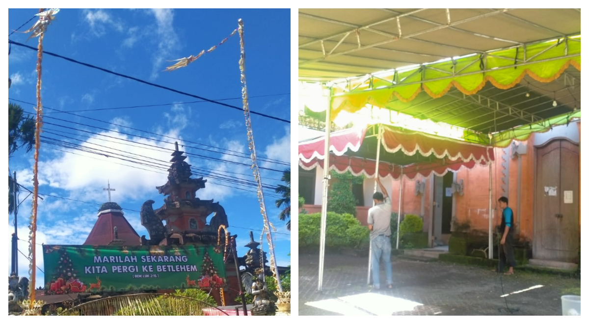 Persiapan Natal di Gereja Paroki Santa Maria Immaculata Tabanan yang berhias cantik dengan penjor (kiri) dan ornamen Bali lainnya.