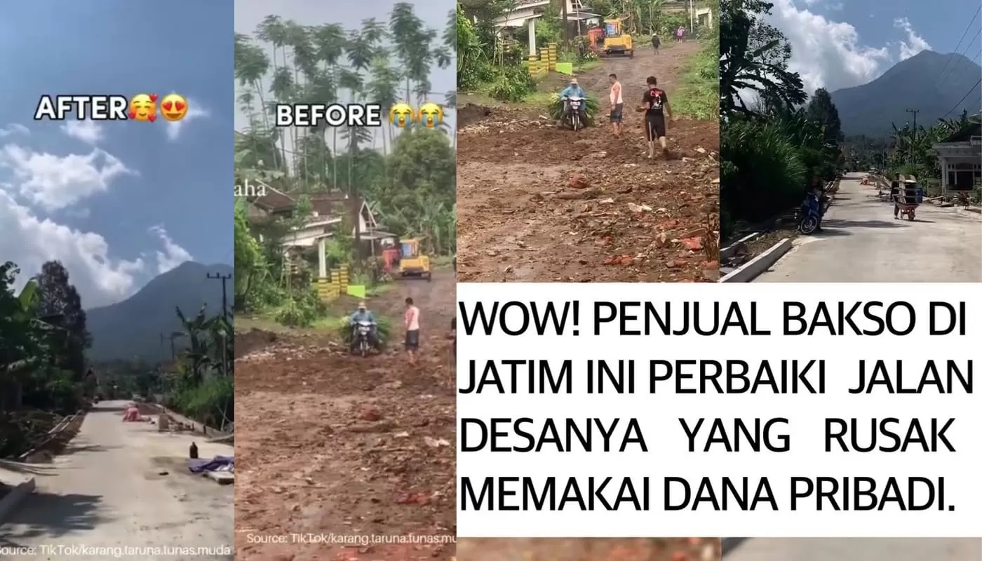 Foto: akun X @kegblgnunfaedh Tukang bakso di Malang perbaiki jalan menggunakan dana pribadi. (Foto: Instagram)