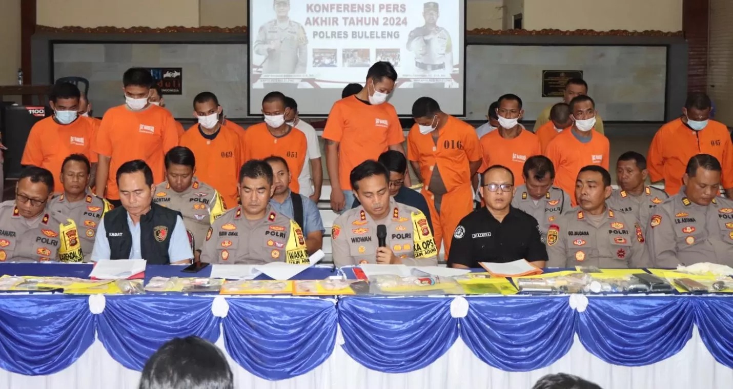 BOS NARKOBA : Rilis kasus kriminal Polres Buleleng sepanjang tahun 2024, di antaranya 103 kasus narkoba dengan 140 orang tersangka.