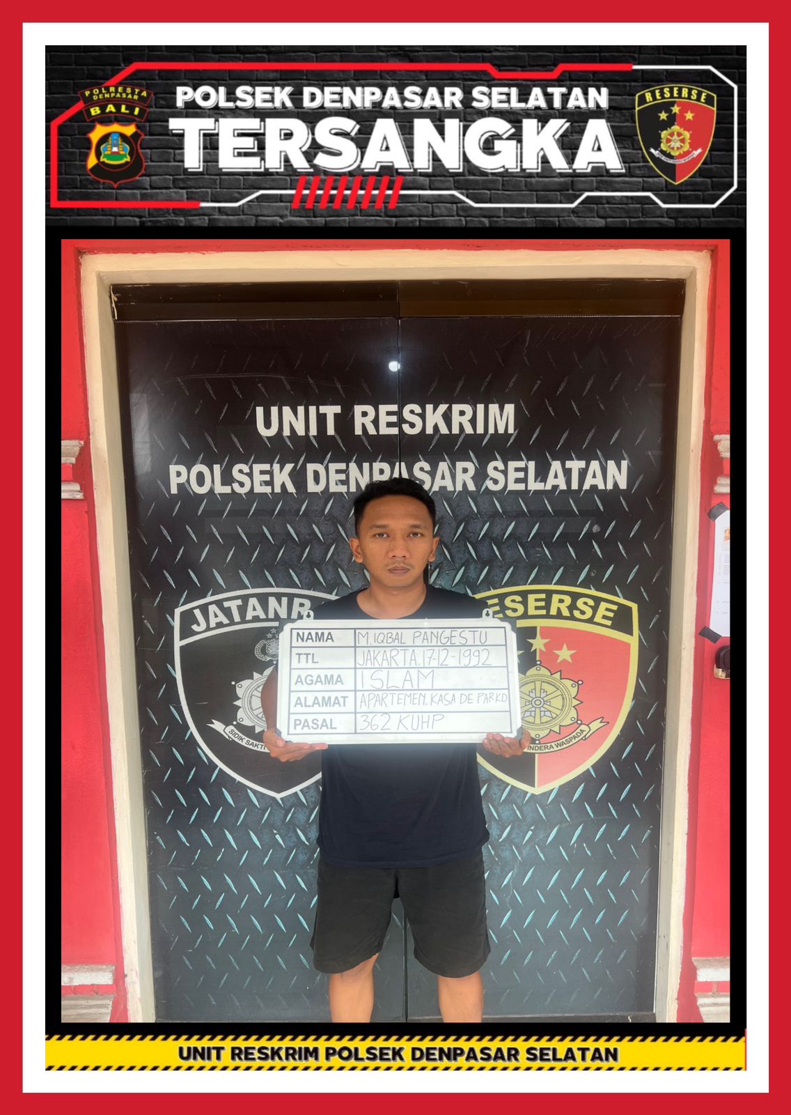 Muhammad Iqbal Pangestu kini ditahan di Polsek Denpasar Selatan. (Bali Express/Istimewa)